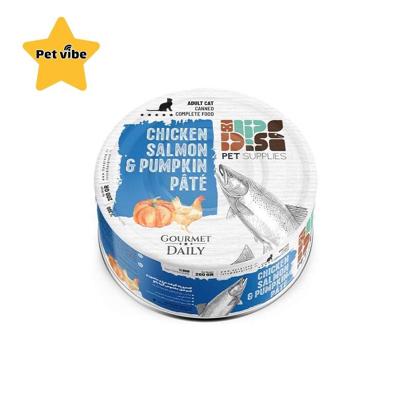 کنسرو گربه dps مدل سوپر پرمیوم طعم مرغ و ماهی و کدو ۲۰۰گرم